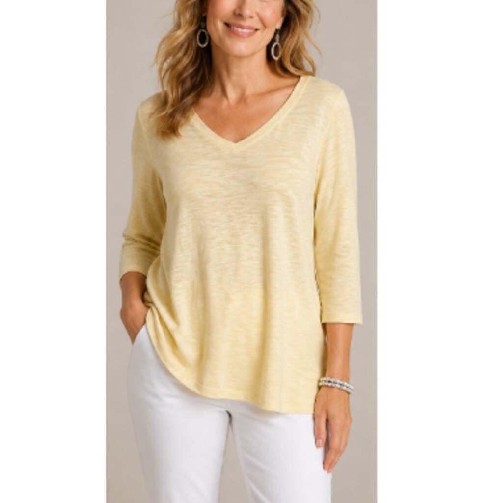 Chico's Women's Pale Yellow 3/4 Sleeves V Neck Coverup Top Size 0 /Small